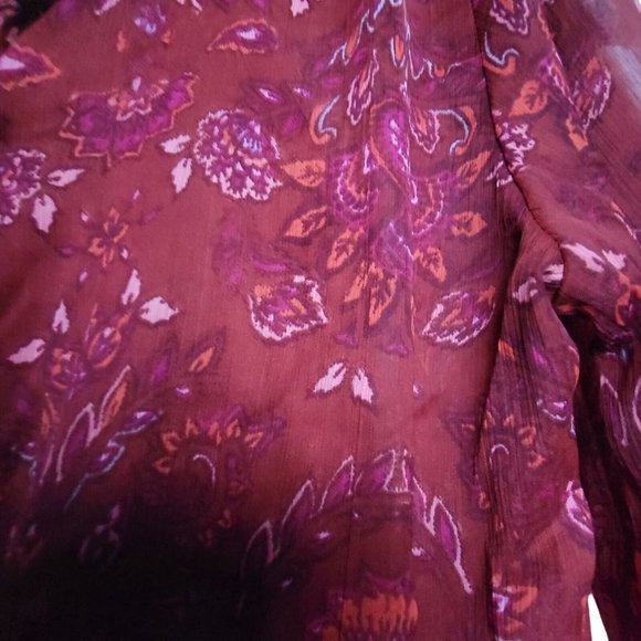 Sz M Women's Casual Dress Burgundy Mini Fit & Flare V-Neck Long Sleeve Floral - Picture 5 of 7